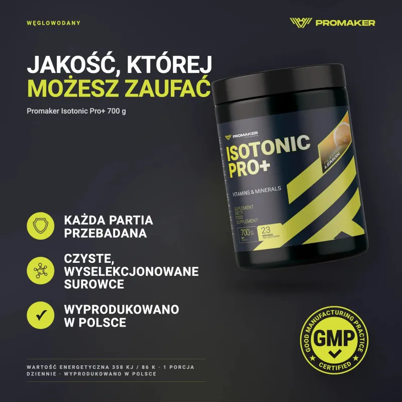 Promaker Isotonic Pro+ 700g – każda partia przebadana, certyfikat GMP, wyprodukowano w Polsce