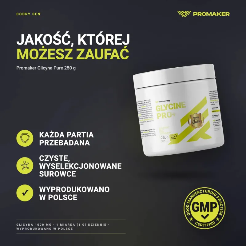 Aminokwasy Glicyna Promaker Glicyna Pure 250g – każda partia przebadana, certyfikat GMP, wyprodukowano w Polsce