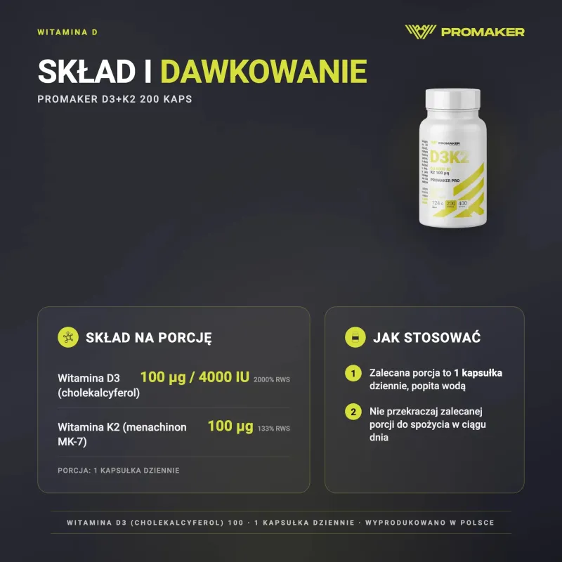 Promaker D3+ K2 200caps – состав на порцию и способ применения