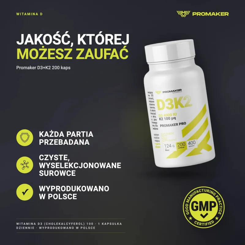 Promaker D3+ K2 200caps – каждая партия проверена, сертификат GMP, сделано в Польше