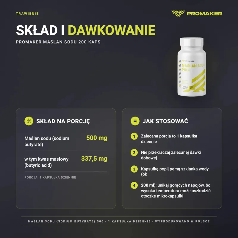 Promaker Maślan Sodu 200caps – skład na porcję i sposób stosowania