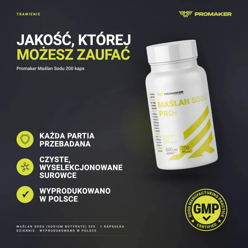 Promaker Maślan Sodu 200caps – każda partia przebadana, certyfikat GMP, wyprodukowano w Polsce