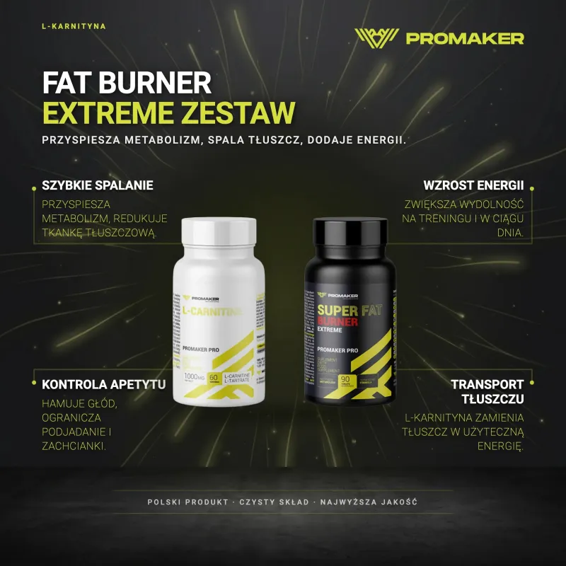 Zestaw na Redukcję Promaker Super Fat Burner EXTREME 90tab + L Carnitine 60tab – najważniejsze korzyści i skład
