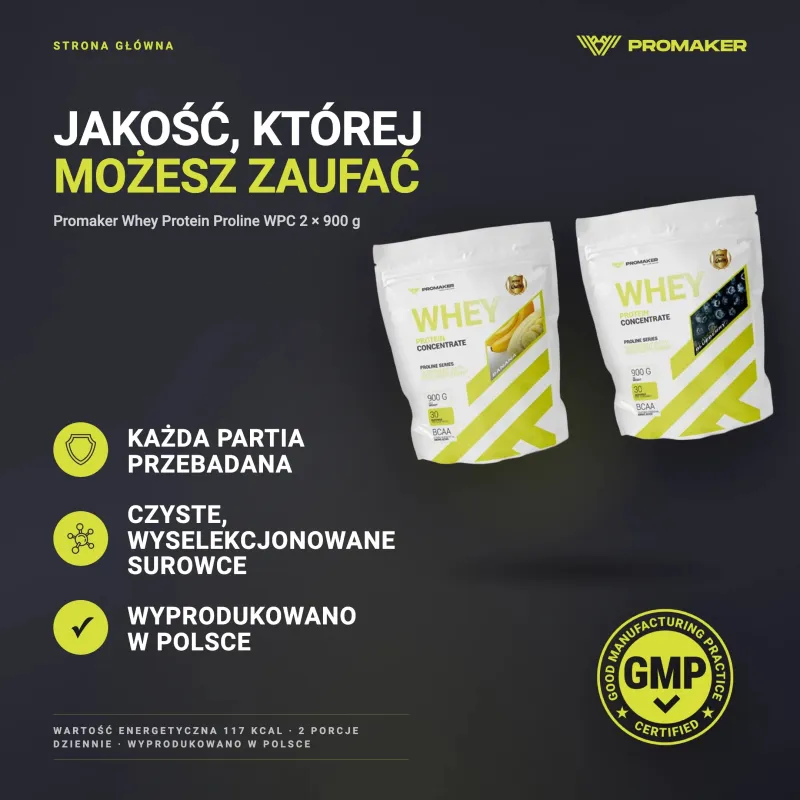 Zestaw Odżywka Białkowa Promaker Whey Protein Proline WPC… – każda partia przebadana, certyfikat GMP, wyprodukowano w Polsce