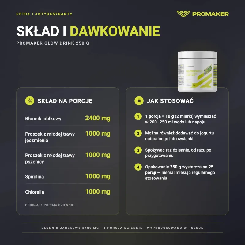 Detoks i Antyoksydanty Kompleks Promaker Glow Drink 250g – nutrition per serving and how to use