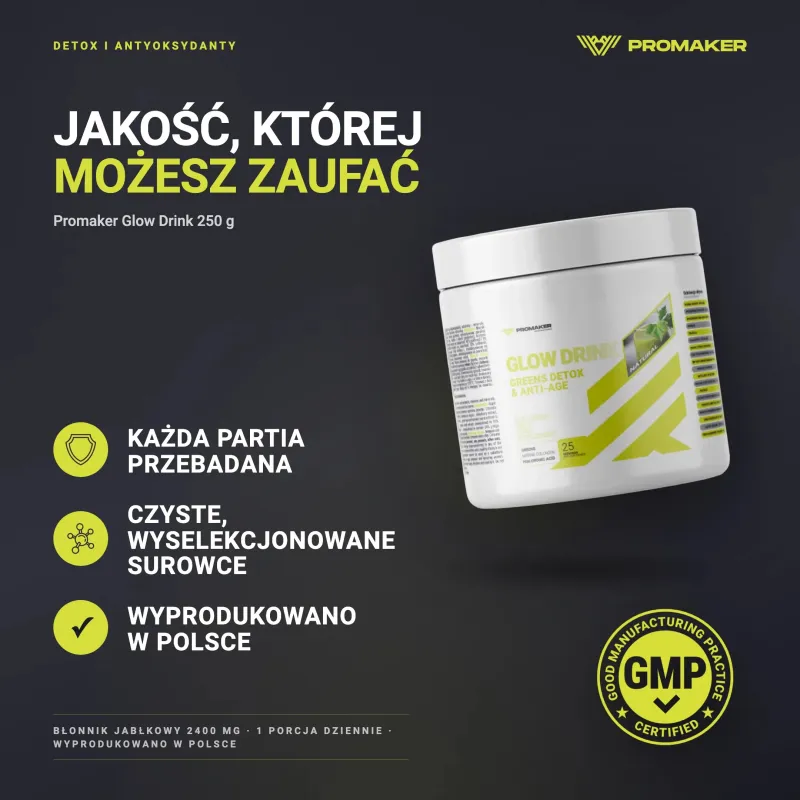 Detoks i Antyoksydanty Kompleks Promaker Glow Drink 250g – every batch tested, GMP certified, made in Poland
