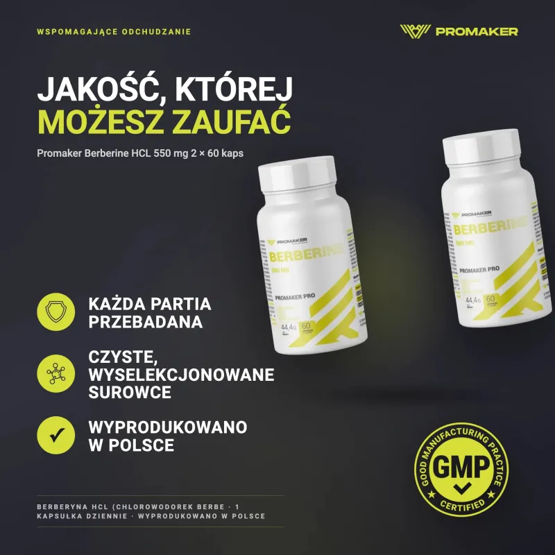 Wielopak 2x Promaker Berberine HCL 550mg 60kaps – każda partia przebadana, certyfikat GMP, wyprodukowano w Polsce