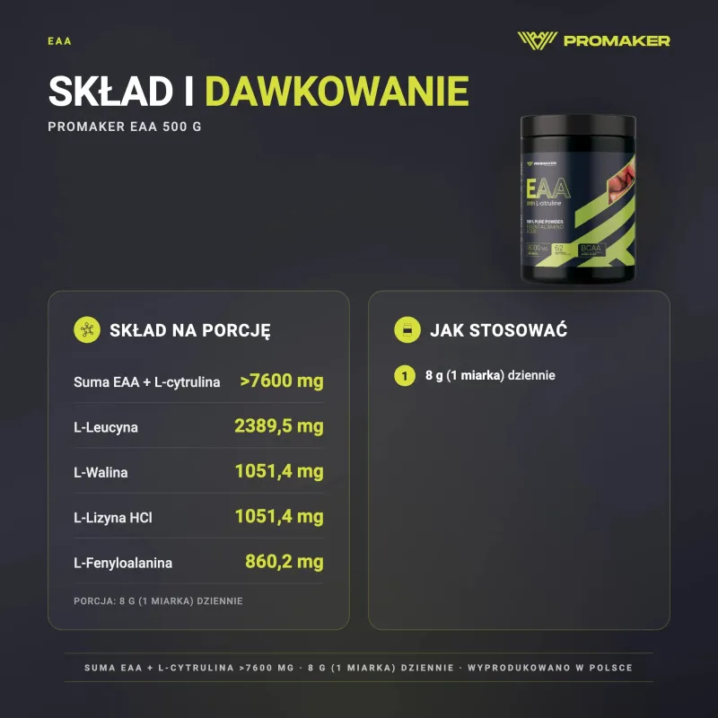 Aminokwasy EAA Promaker EAA 500g – skład na porcję i sposób stosowania