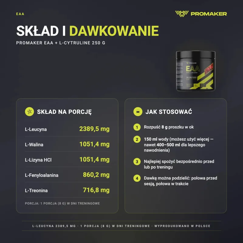 Aminokwasy Promaker EAA + L Cytruline 250g – skład na porcję i sposób stosowania