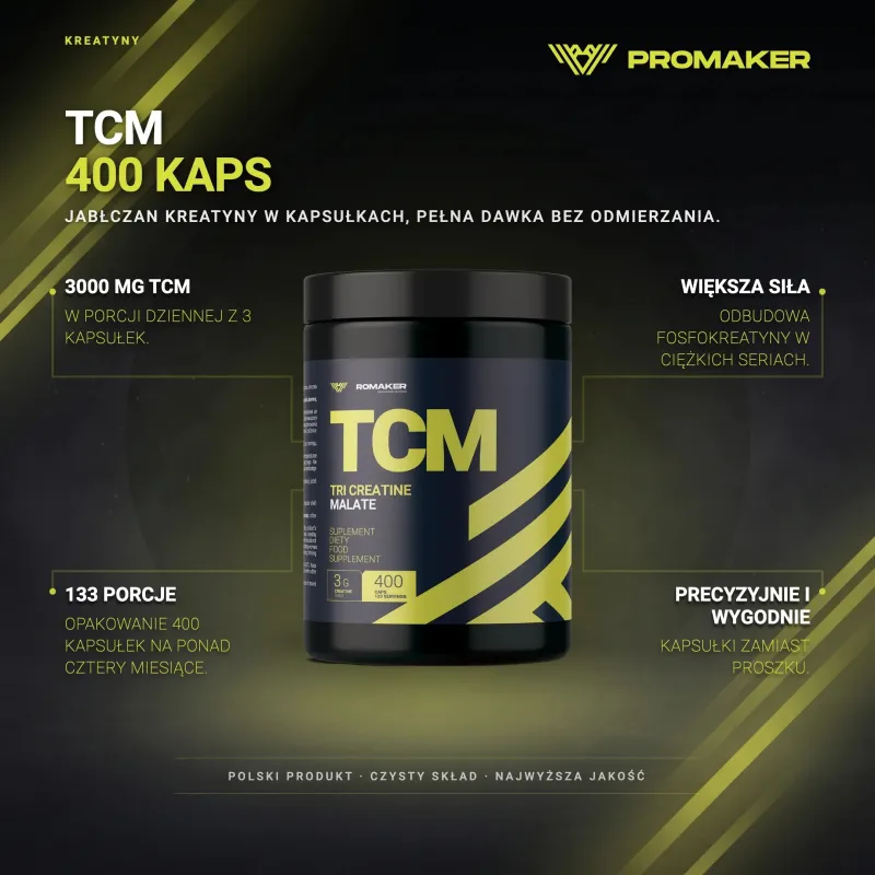 Kreatyna Promaker TCM Jabłczan kreatyny 400kaps – key benefits and clean formula