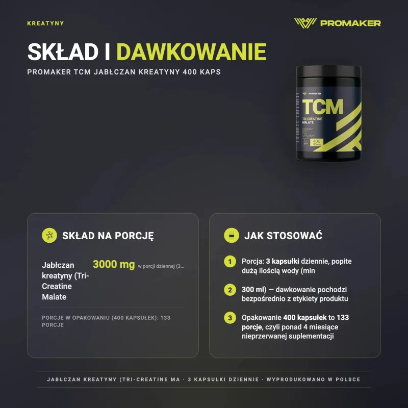 Kreatyna Promaker TCM Jabłczan kreatyny 400kaps – nutrition per serving and how to use