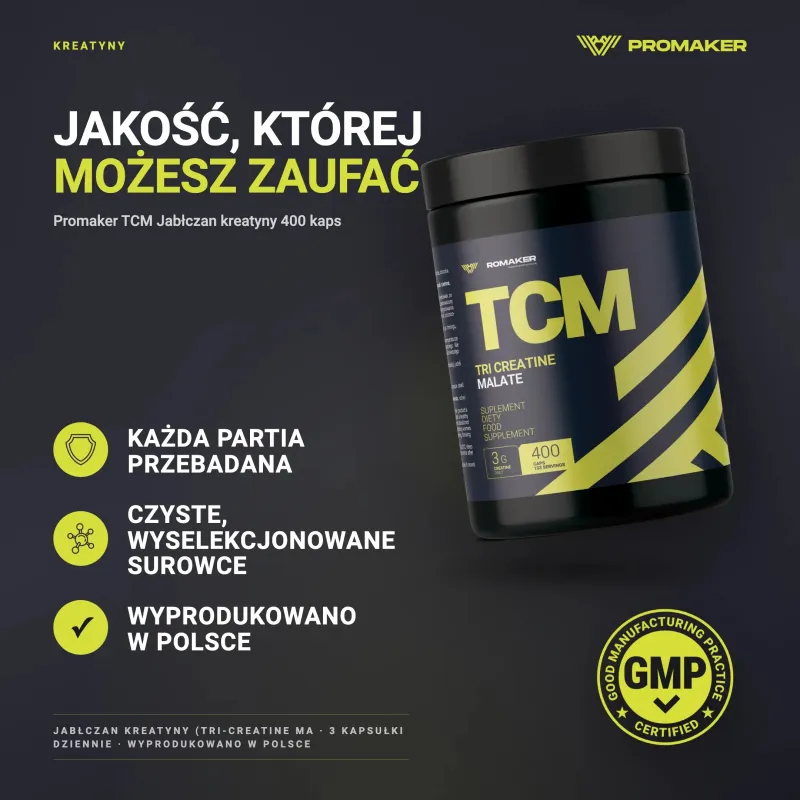 Kreatyna Promaker TCM Jabłczan kreatyny 400kaps – every batch tested, GMP certified, made in Poland