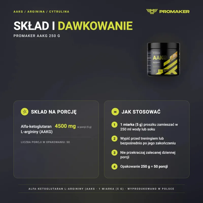 Suplement Pompujący Arginina Promaker AAKG 250g – skład na porcję i sposób stosowania