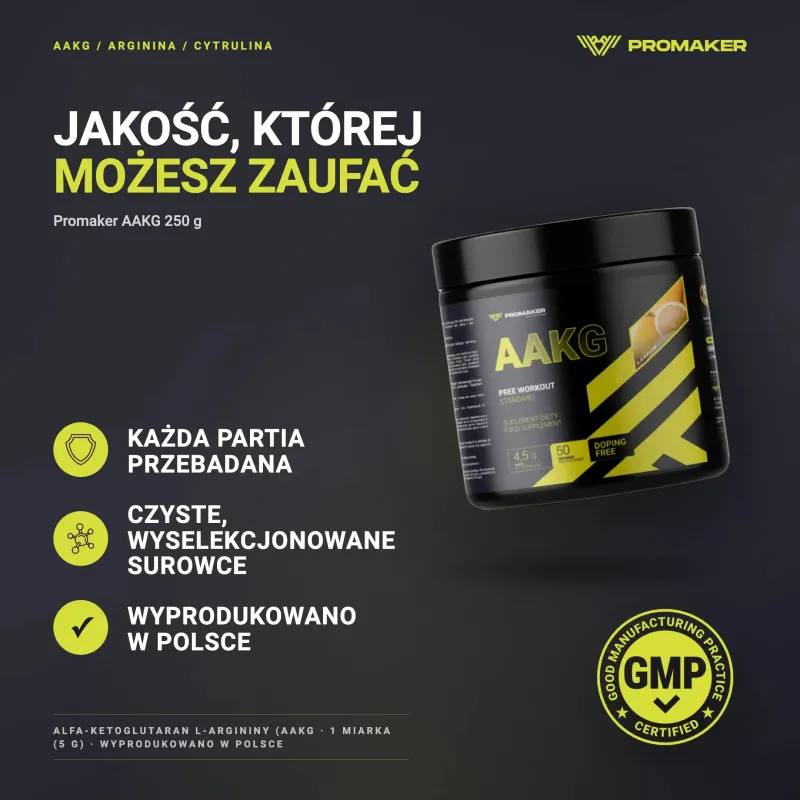 Suplement Pompujący Arginina Promaker AAKG 250g – każda partia przebadana, certyfikat GMP, wyprodukowano w Polsce