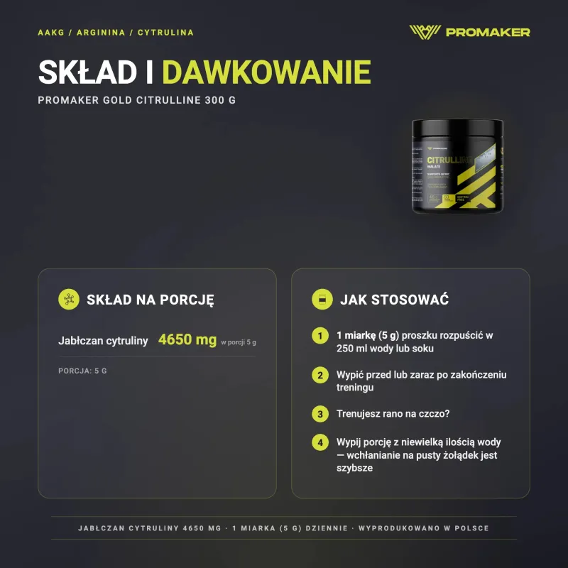 Suplement Pompujący Cytrulina Promaker Gold Citrulline 300g – skład na porcję i sposób stosowania