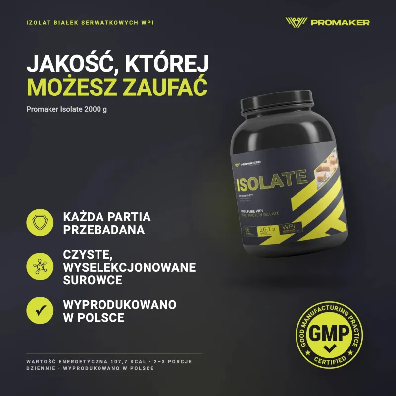 Odżywka Białkowa Izolat Promaker Isolate 2000g – każda partia przebadana, certyfikat GMP, wyprodukowano w Polsce