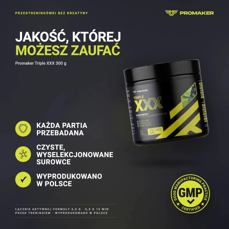 Suplement Przedtreningowy Wieloskładnikowy Promaker Triple… – każda partia przebadana, certyfikat GMP, wyprodukowano w Polsce