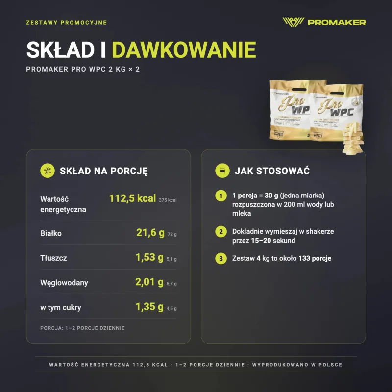 Set Protein supplement Promaker PRO WPC 2kg x2 – nutrition per serving and how to use