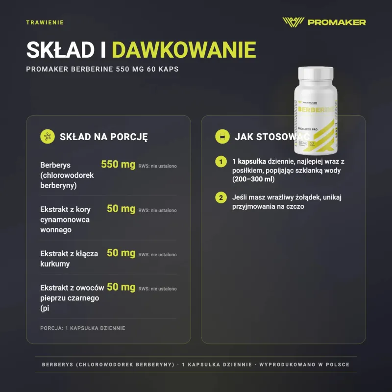 Trawienie Berberyna Promaker Berberine 550mg 60kaps – skład na porcję i sposób stosowania
