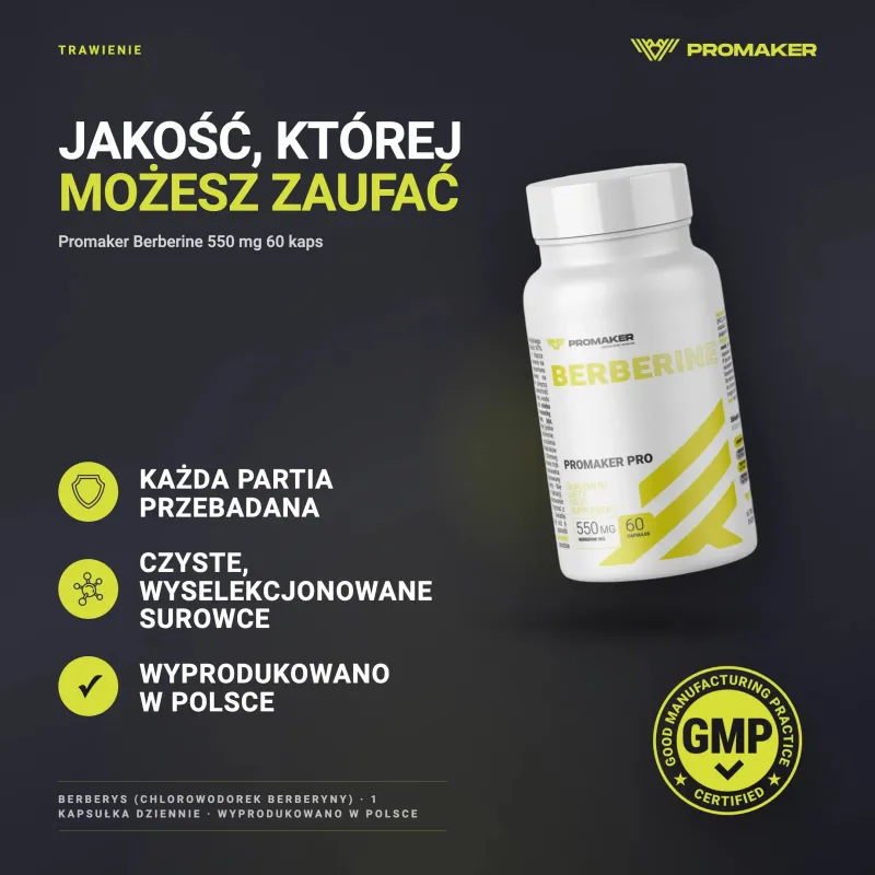 Trawienie Berberyna Promaker Berberine 550mg 60kaps – każda partia przebadana, certyfikat GMP, wyprodukowano w Polsce