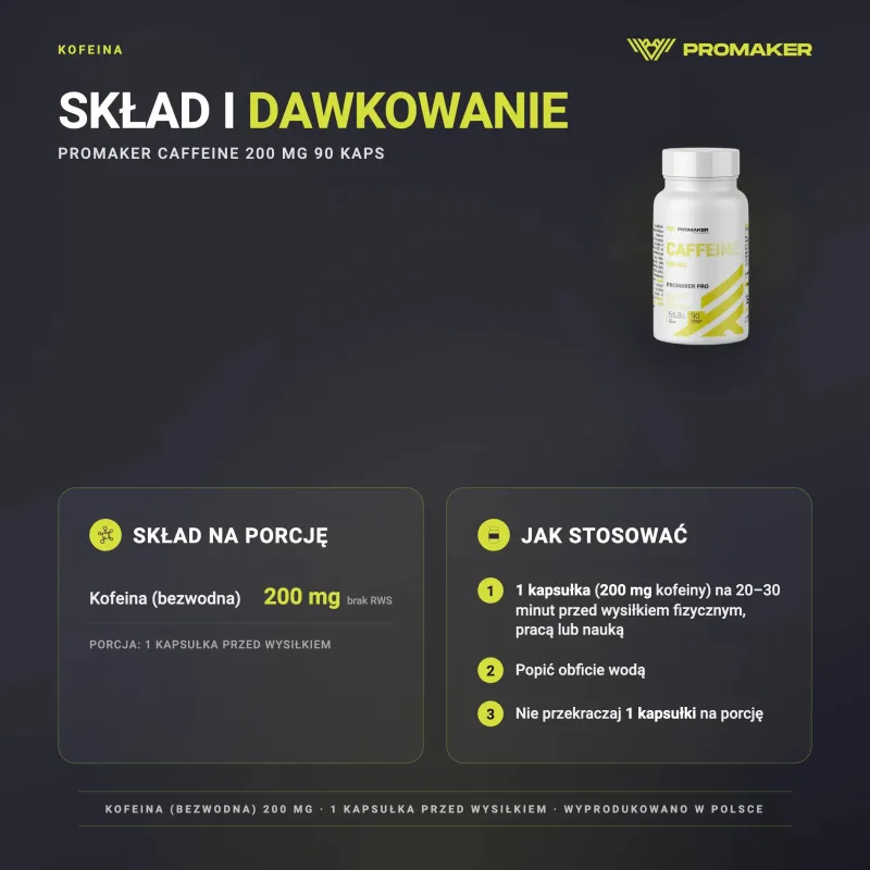 Suplement Energetyczny Kofeina Promaker Caffeine 200mg 90kaps – skład na porcję i sposób stosowania