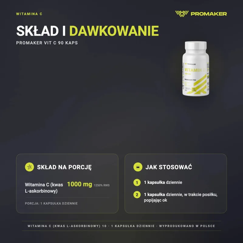 Witaminy C Promaker Vit C 90kaps – skład na porcję i sposób stosowania