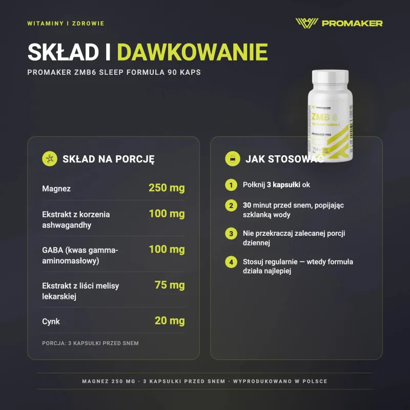 Minerały Dobry Sen Promaker ZMB6 Sleep Formula 90kaps – skład na porcję i sposób stosowania
