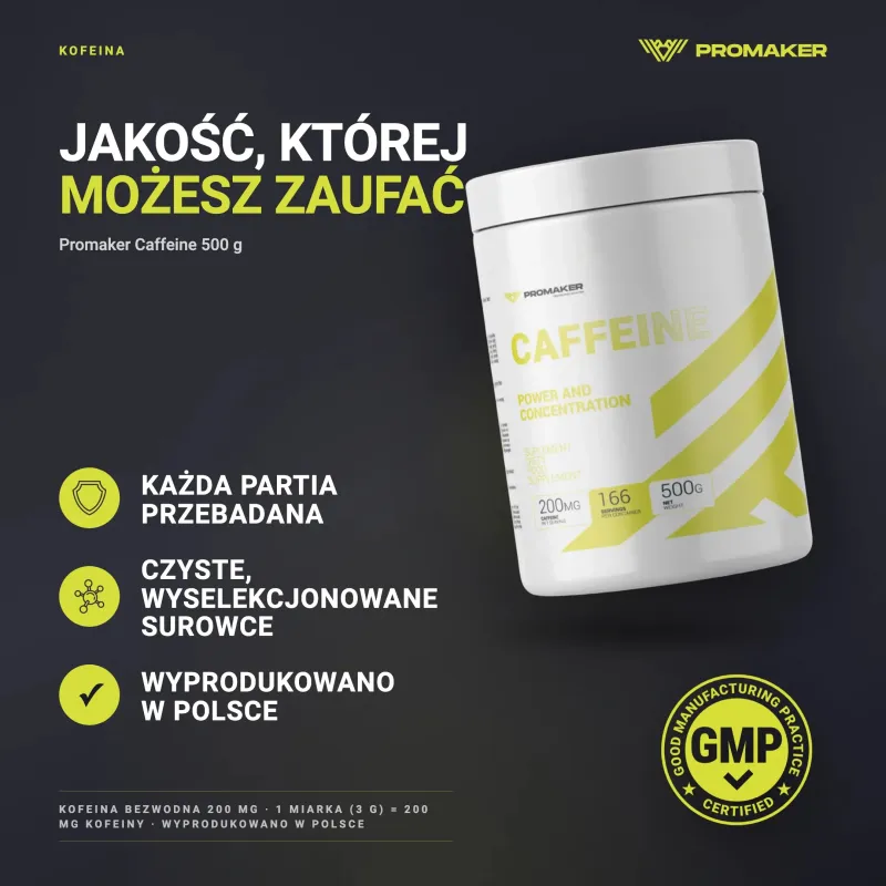 Suplement Energetyczny Kofeina Promaker Caffeine 500g – każda partia przebadana, certyfikat GMP, wyprodukowano w Polsce