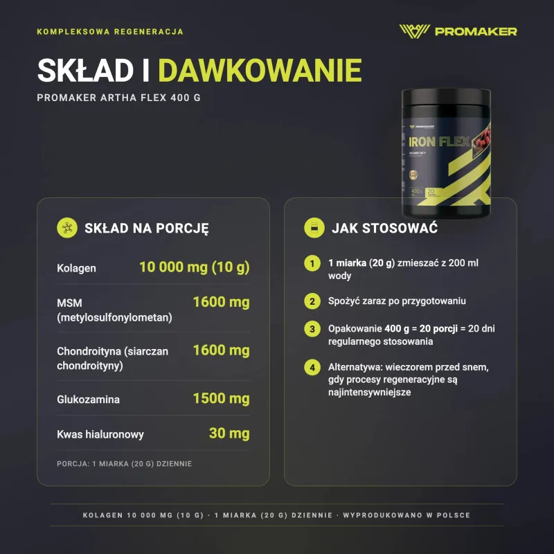 Regeneracja stawów Promaker Artha Flex 400g – skład na porcję i sposób stosowania