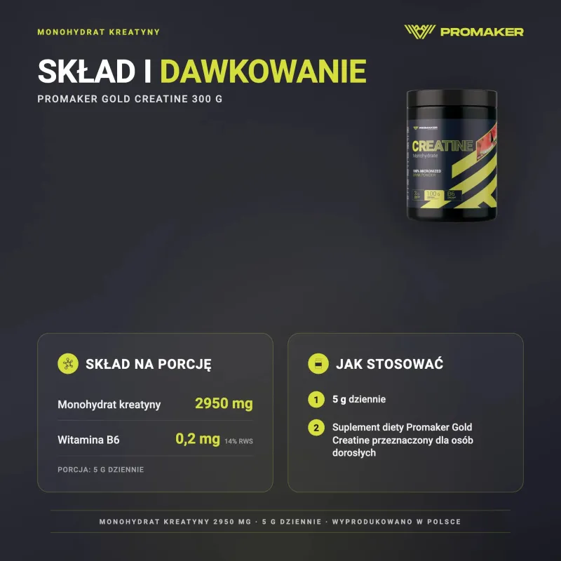 Kreatyna Monohydrat Promaker Gold Creatine 300g – skład na porcję i sposób stosowania