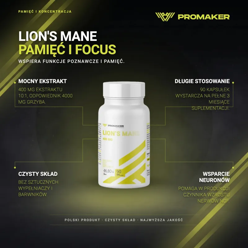 Pamięć i Koncentracja Soplówka Jeżowata Promaker Lion's Mane 400mg 90kaps – najważniejsze korzyści i skład