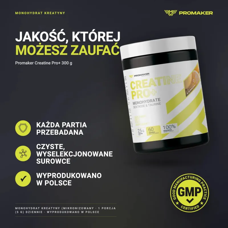 Kreatyna Promaker Creatine Pro+ 300g – każda partia przebadana, certyfikat GMP, wyprodukowano w Polsce