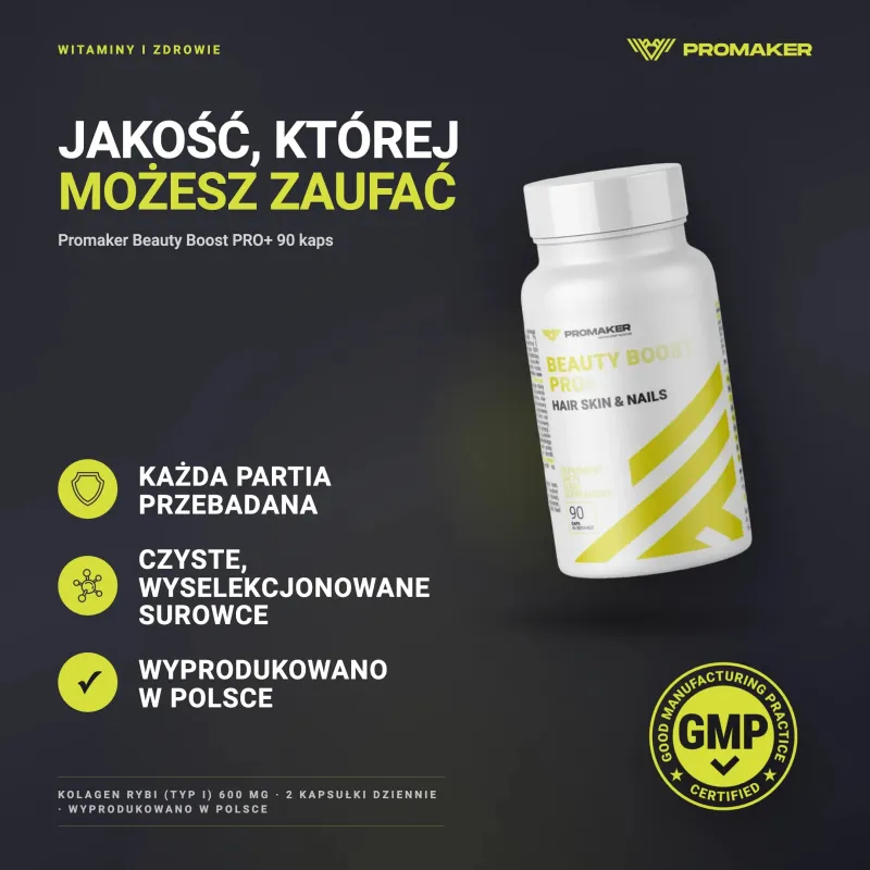 Zdrowie Skóry Promaker Beauty Boost PRO+ 90kaps – każda partia przebadana, certyfikat GMP, wyprodukowano w Polsce