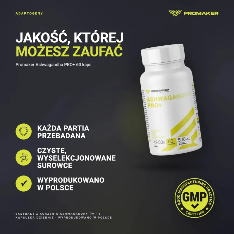 Adaptogeny Promaker Ashwagandha PRO+ 60kaps – каждая партия проверена, сертификат GMP, сделано в Польше