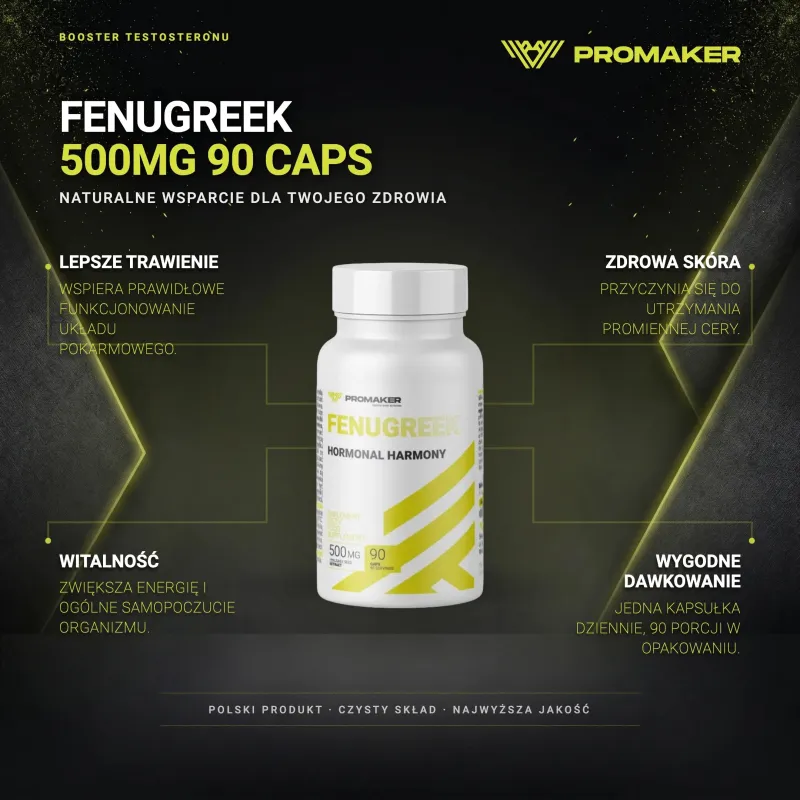 Booster Testosteronu Kozieradka  Promaker Fenugreek 500mg 90 caps – key benefits and clean formula