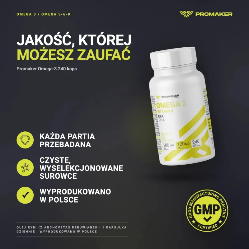 Kwasy Tłuszczowe Omega Promaker Omega-3 240kaps – каждая партия проверена, сертификат GMP, сделано в Польше