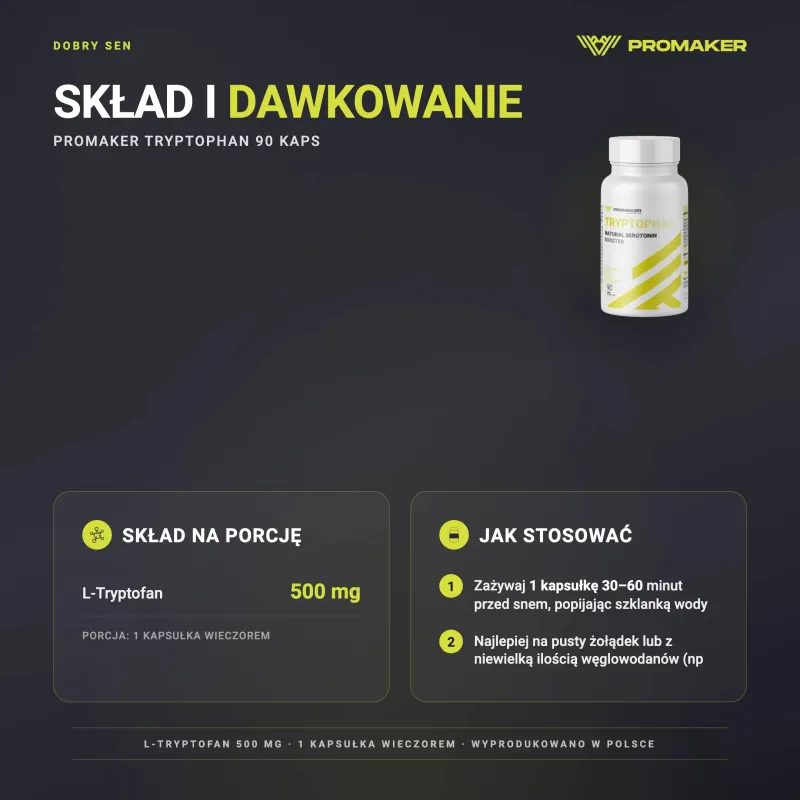 Dobry Sen Tryptofan Promaker Tryptophan 90kaps – skład na porcję i sposób stosowania