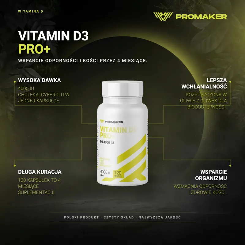 Witaminy D Promaker Vitamin D3 PRO+ 4000IU 120kaps – ключевые преимущества и чистый состав