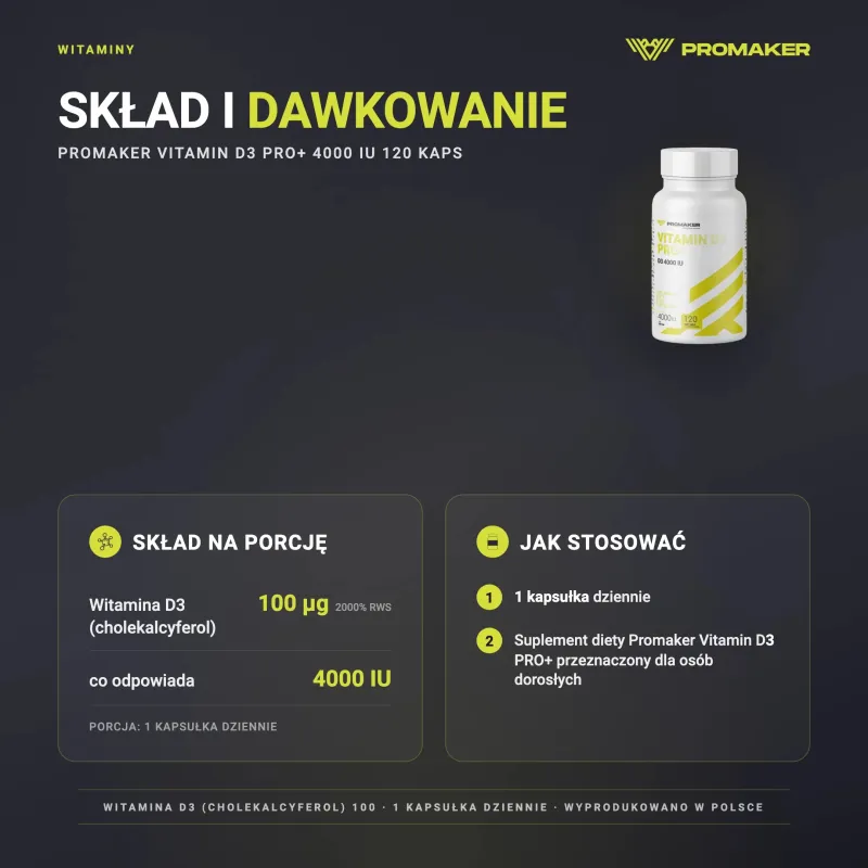 Witaminy D Promaker Vitamin D3 PRO+ 4000IU 120kaps – состав на порцию и способ применения