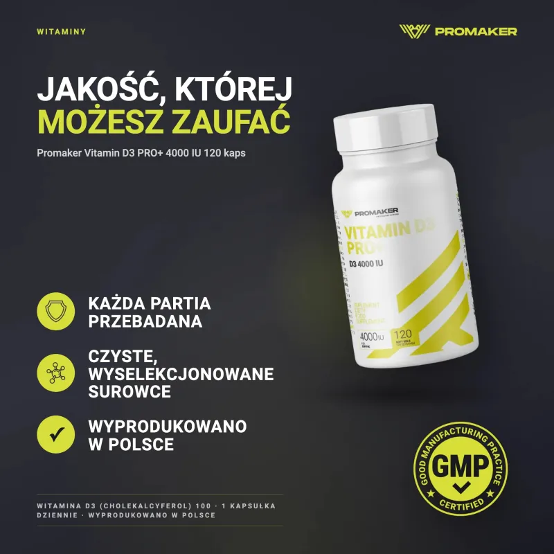 Witaminy D Promaker Vitamin D3 PRO+ 4000IU 120kaps – каждая партия проверена, сертификат GMP, сделано в Польше