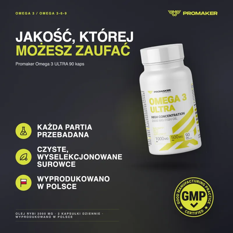 Kwasy Tłuszczowe Promaker Omega ULTRA 500 EPA 250 DHA 90 caps – every batch tested, GMP certified, made in Poland