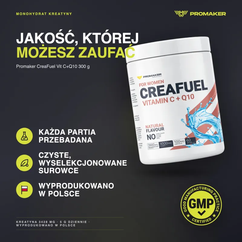 Kreatyna Monohydrat Promaker CreaFuel Vit C+Q10 300g – каждая партия проверена, сертификат GMP, сделано в Польше