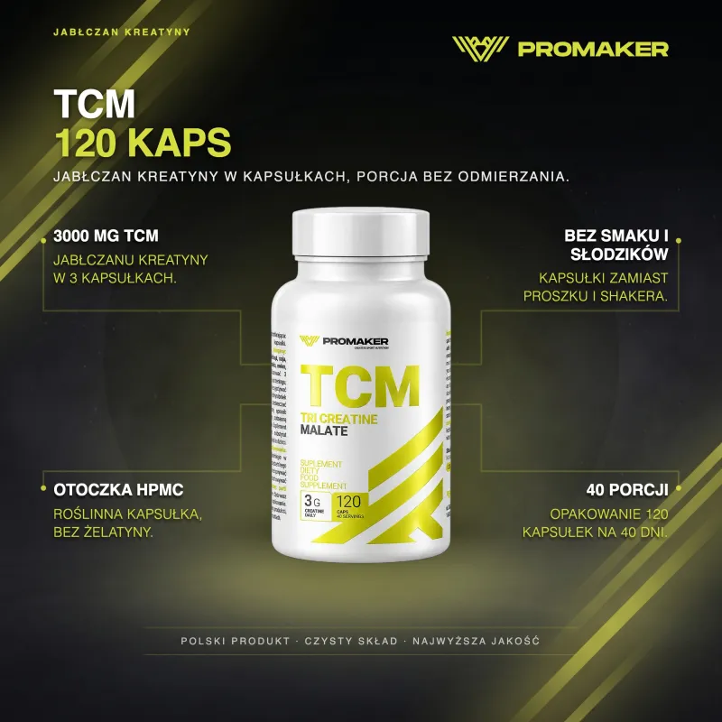 Kreatyna Promaker TCM Jabłczan kreatyny 120kaps – ключевые преимущества и чистый состав