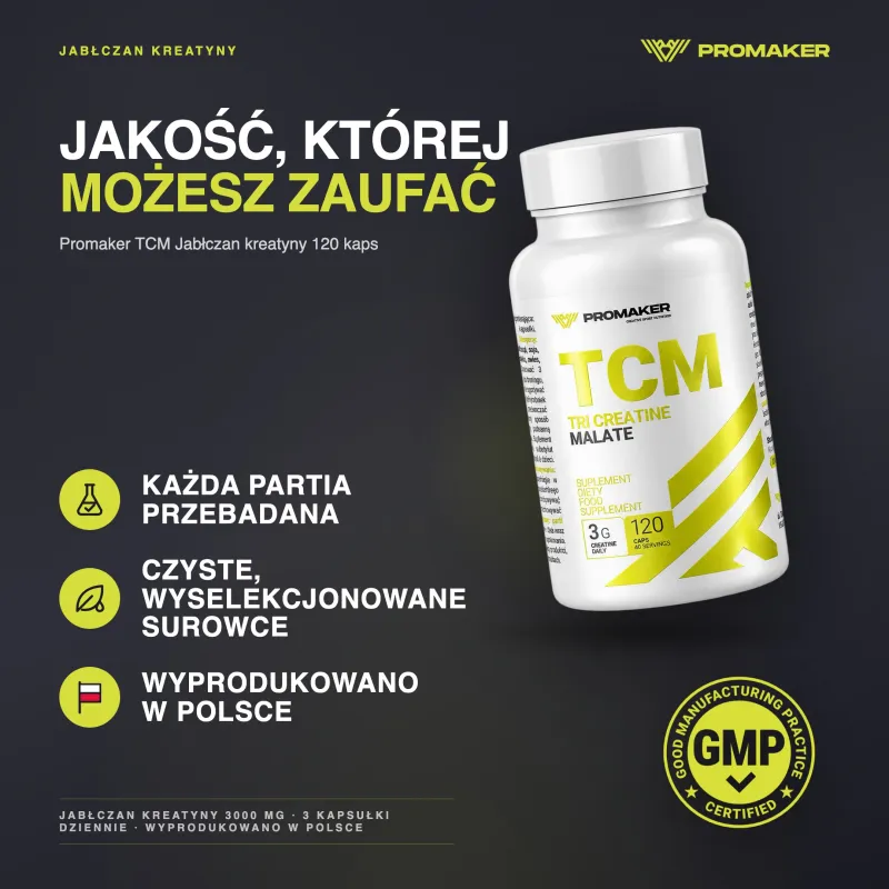 Kreatyna Promaker TCM Jabłczan kreatyny 120kaps – каждая партия проверена, сертификат GMP, сделано в Польше