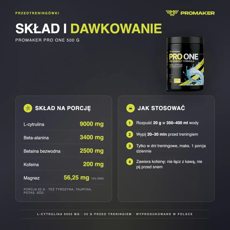 Suplement Przedtreningowy Wieloskładnikowy Promaker PRO ONE 500g – nutrition per serving and how to use