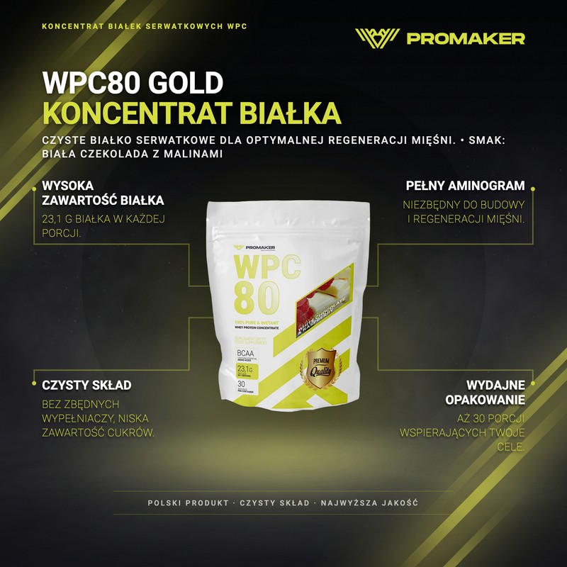 БЕЛКОВАЯ ДОБАВКА ПРОМЕЙКЕР WPC80 900 Г – вкус Белый шоколад с малиной
