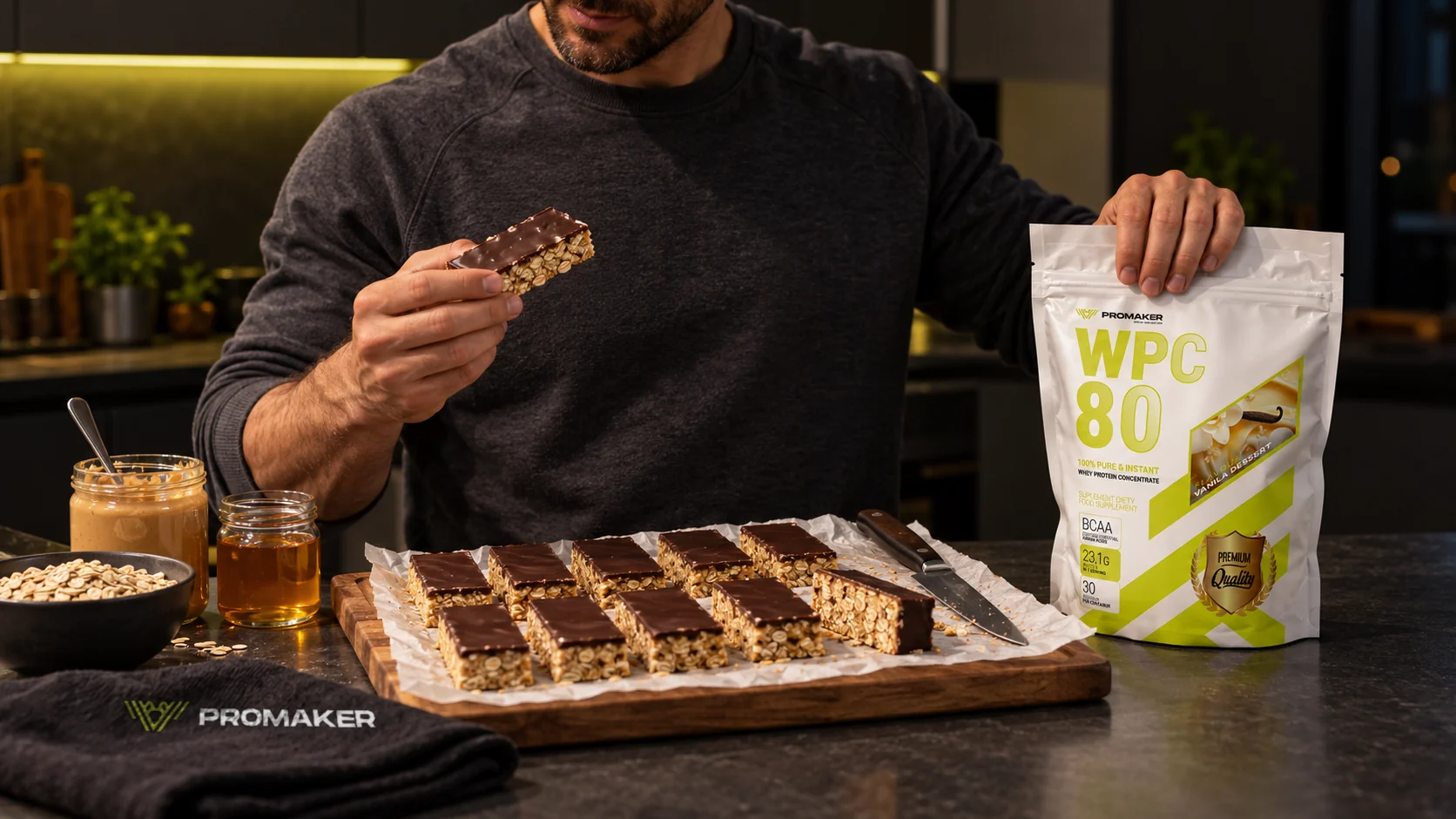 Domowe batony proteinowe z polewą z gorzkiej czekolady na desce, mężczyzna trzyma odżywkę WPC 80 PROMAKER