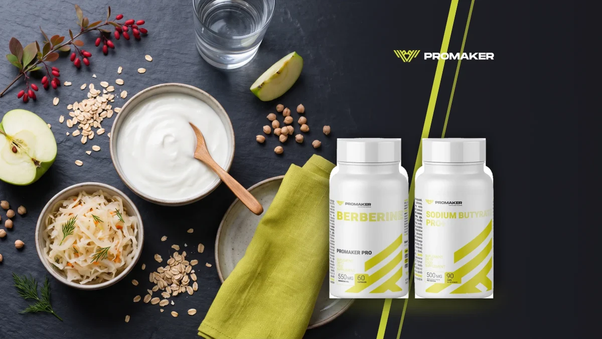 Jogurt naturalny, kiszona kapusta, owies, ciecierzyca, jabłko i gałązka berberysu; obok Berberine i Sodium Butyrate PRO+
