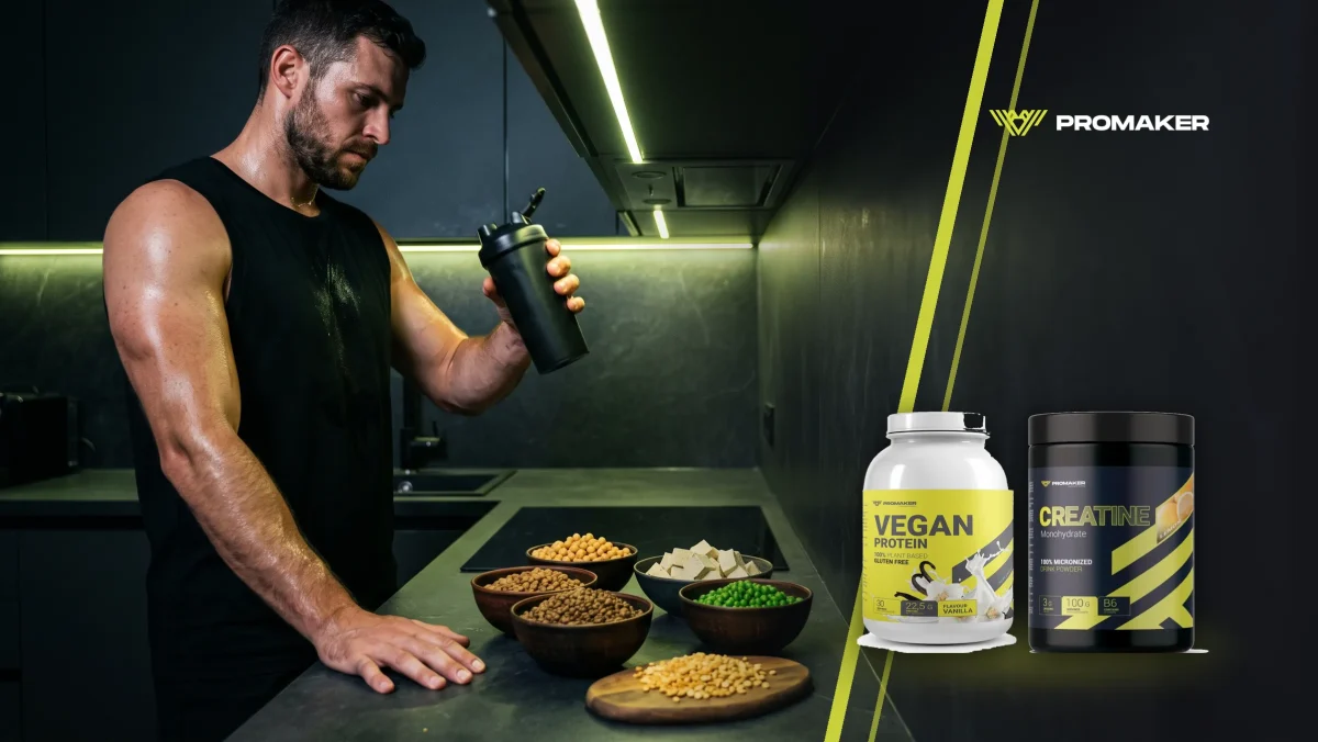 Białko roślinne: mężczyzna po treningu z shakerem, miski soczewicy, ciecierzycy, tofu i groszku; obok Vegan Protein i kreatyna