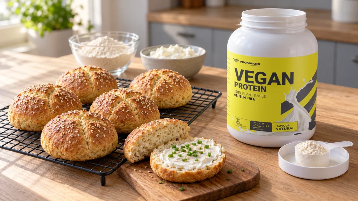 Bułki proteinowe z sezamem na kratce, jedna przekrojona z twarożkiem, obok odżywka Vegan Protein PROMAKER Natural